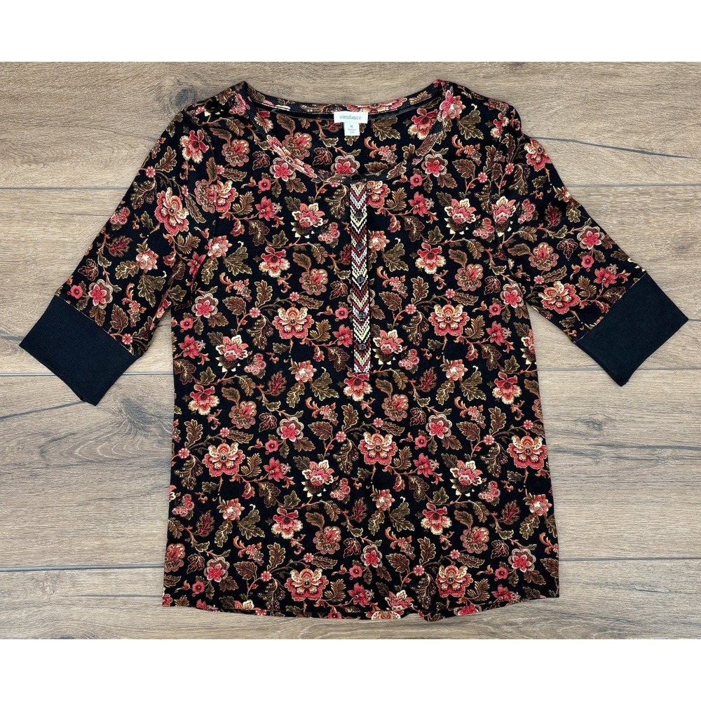 Sundance Cordelia Bloom Henley Top Size Medium Black Floral Thermal 3/4 Sleeve